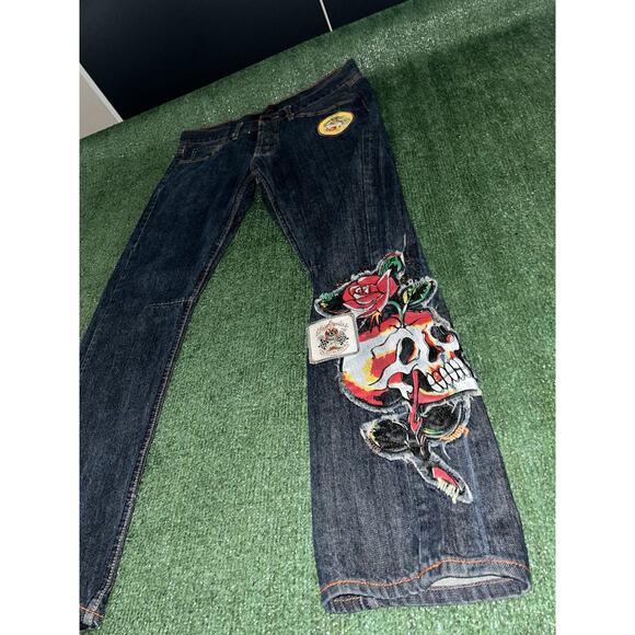 Y2K Ed Hardy x Christian Audigier Skull/Flower Denim Baggy Jeans Men's 36x33 - Picture 1 of 9
